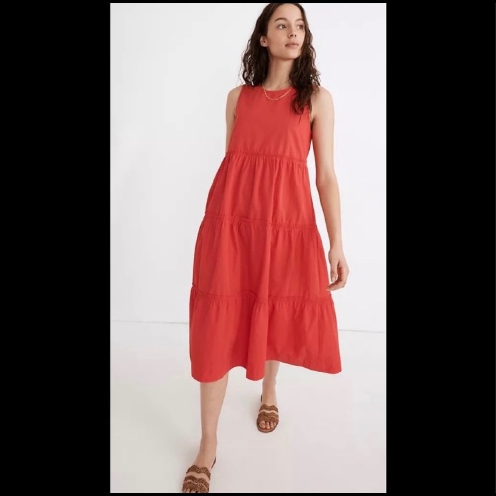 Madewell Cattail Tiered Midi Dress Size Small Red